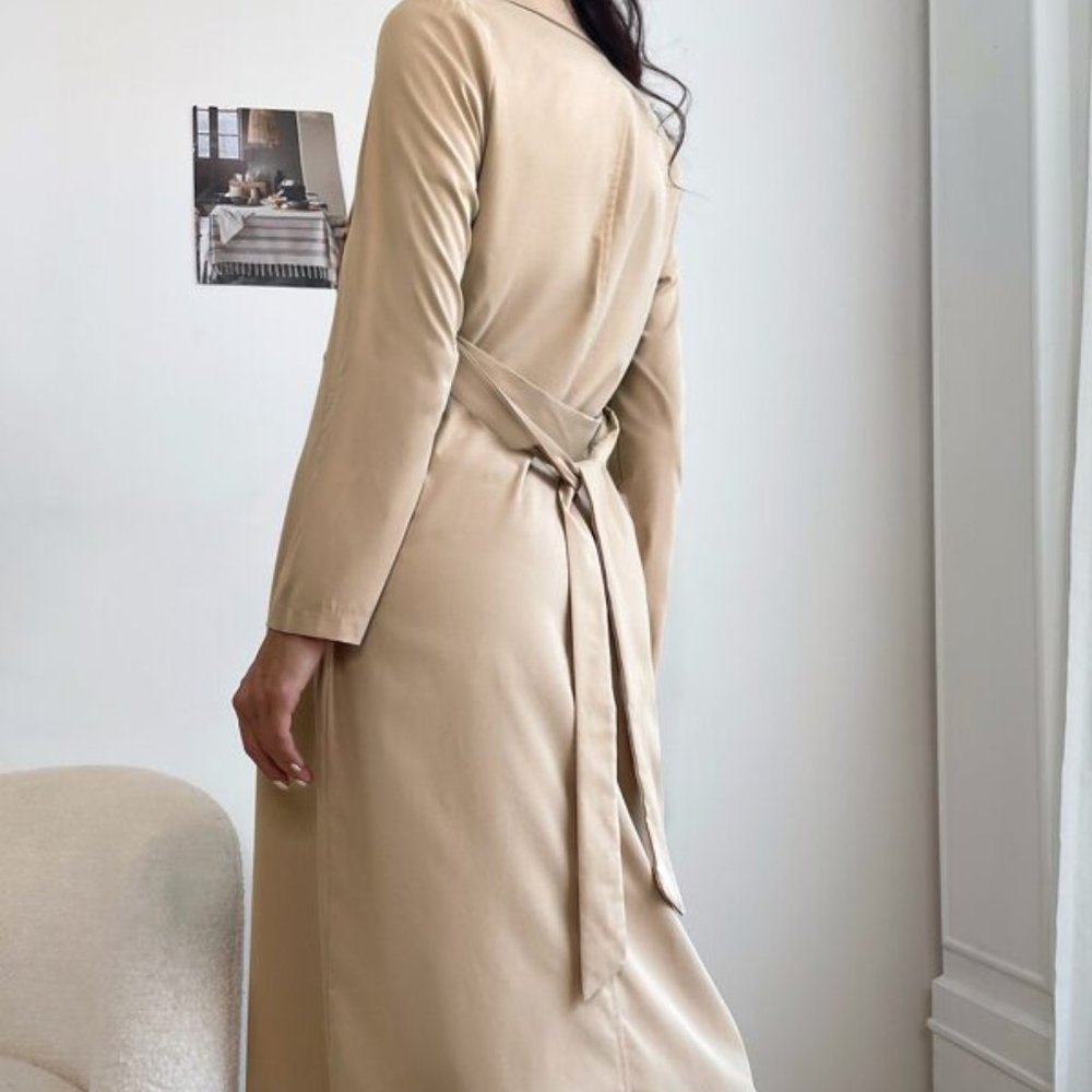Gingham Lapel Collar Belted Trench Coat - Picture 5 of 7